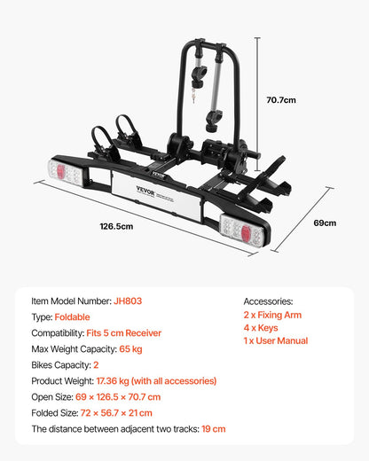 VEVOR Portabicicletas para 2 Bicicletas Eléctricas, Plegable, Bloqueable, Carga 65 kg