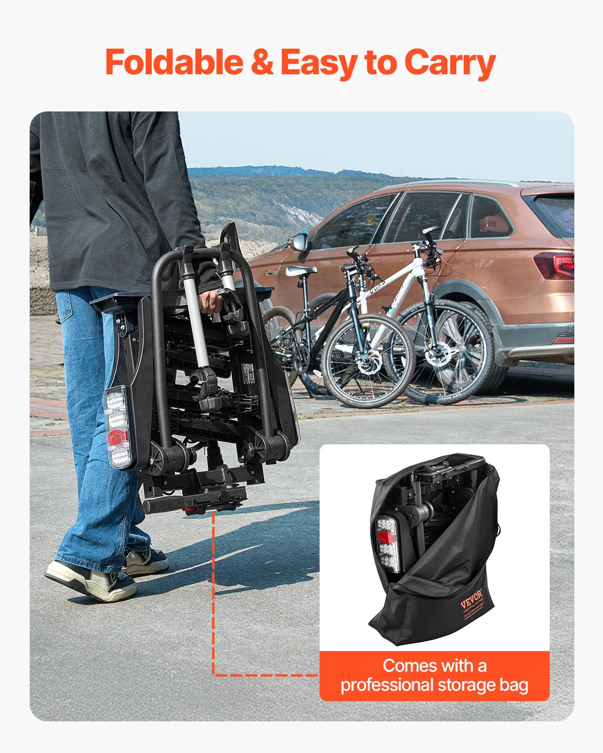 VEVOR Portabicicletas para 2 Bicicletas Eléctricas, Plegable, Bloqueable, Carga 65 kg